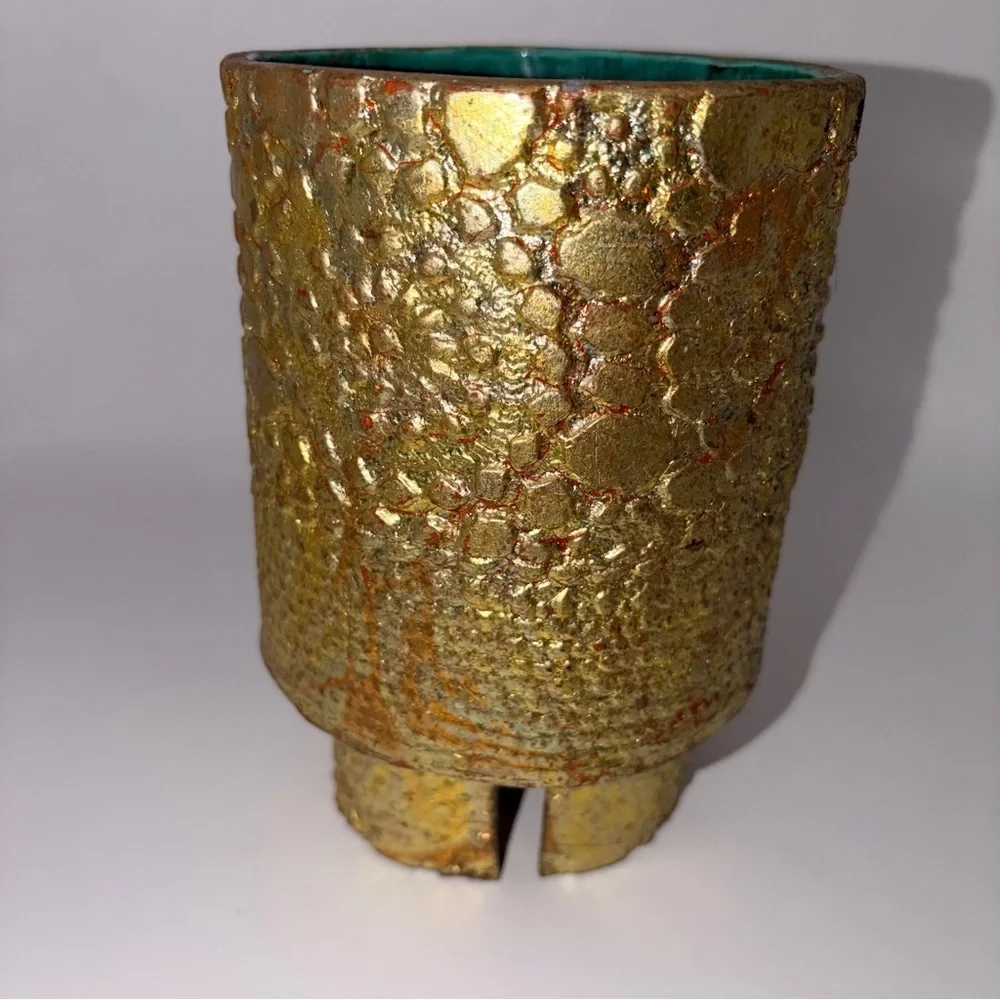Handmade 20th Century Gold Textured Ceramic Vase | Sculptural Artisan Pottery